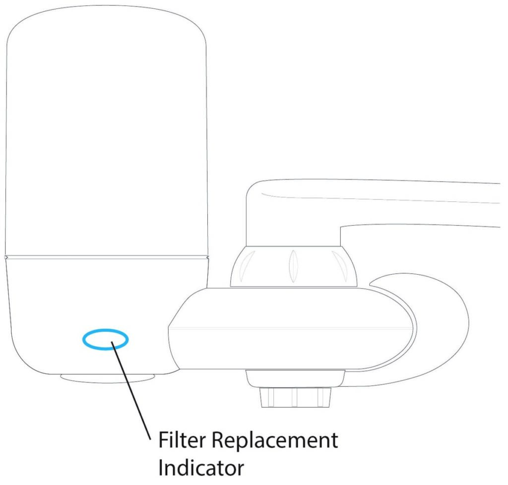 Location of the brita filter light on a complete system. The indicator light is on the front at the base of the filter, making it easy to see.