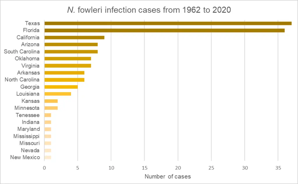 Number of Naegleria fowleri (amoeba) infection cases in each state (USA).