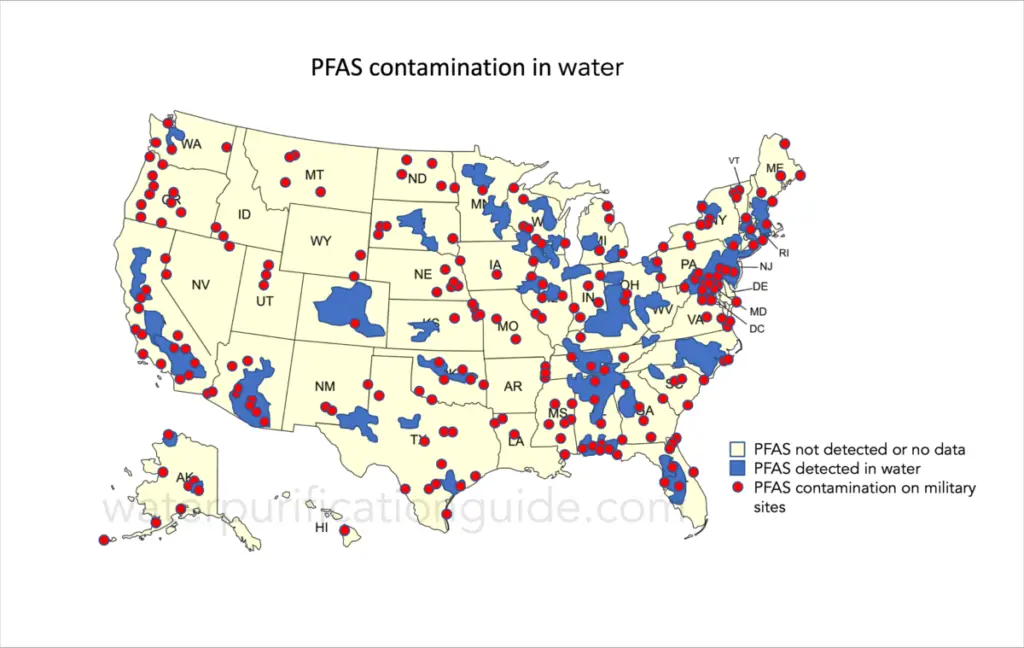 PFAS contamination sites across the United States. PFAS contamination of military sites is country-wide. Detection of PFAS in hydrological units is concentrated in the east and south west, with limited detection in central U.S.