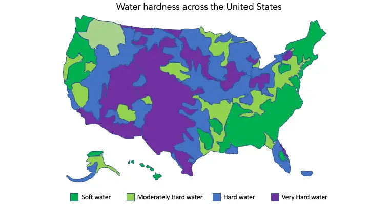 Water hardness across the United States. Most of America has hard to very hard ground water.