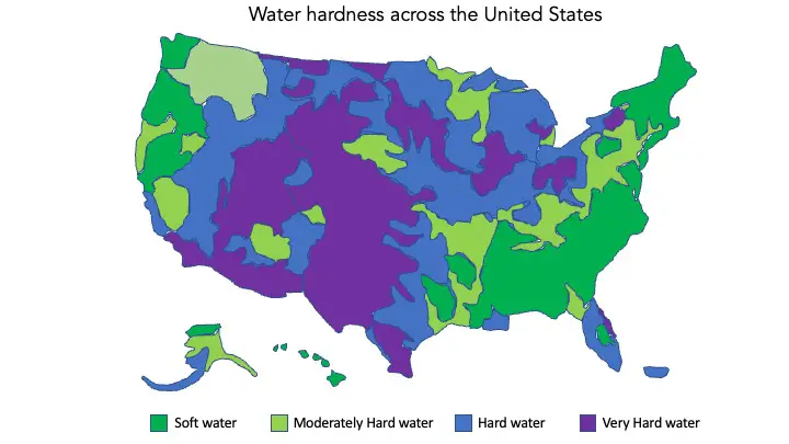 Map of water hardness in the United States of America. Data sourced from the U.S. Geological Survey (USGS). Water hardness is classified into soft, moderately hard, hard and very hard water. Most of central, and central western U.S. has hard to very hard water. Map created for waterpurificationguide.com.