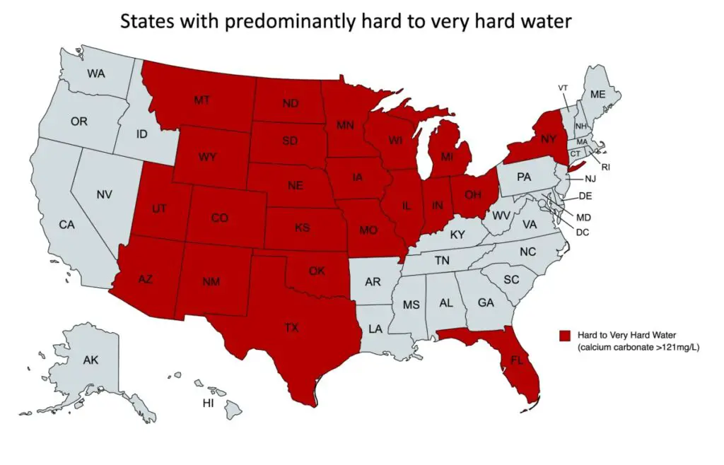 Map of states in America that have mostly hard to very hard water (Calcium carbonate >121mg/L). Central and central west states, including Texas, New Mexico, Colorado and Oklahoma, have the hardest water in the U.S.