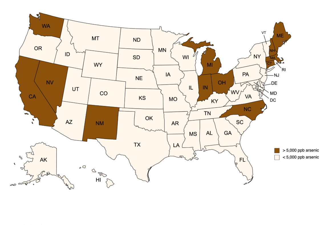 Map of USA showing states that have 500 times more arsenic in their groundwater than the permissible level set by the EPA for our drinking water.